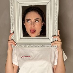 White Short Sleeve Tee with Red Embroidery